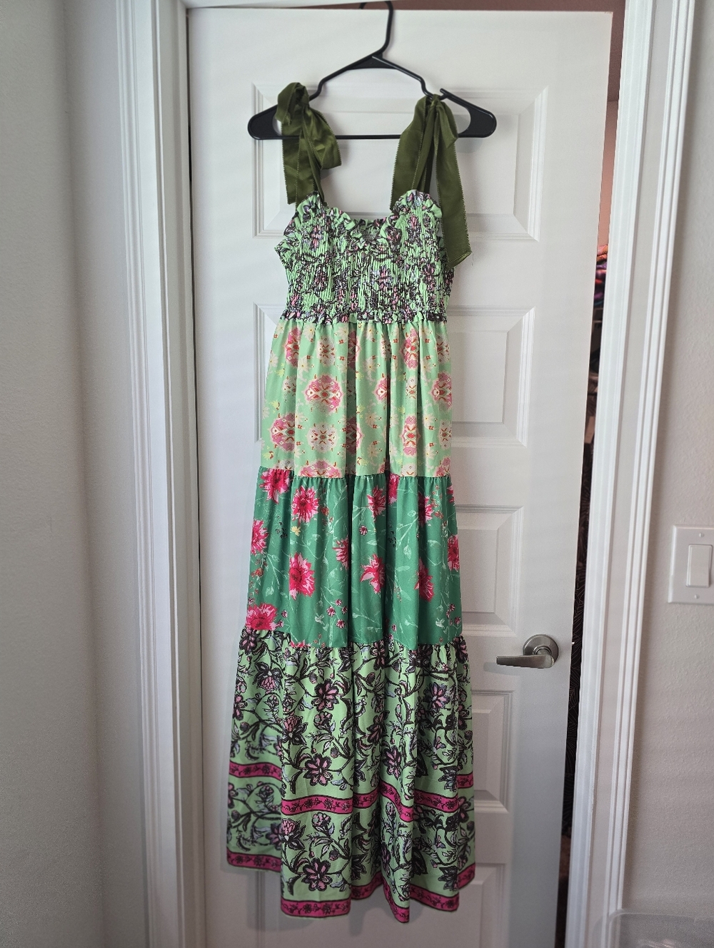 Boho Maxi Floral Sundress Large Green Smocked